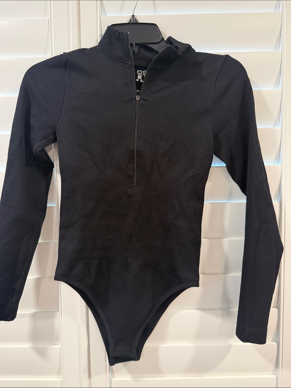 Black Ribbed Long-Sleeve Zip-Front Bodysuit